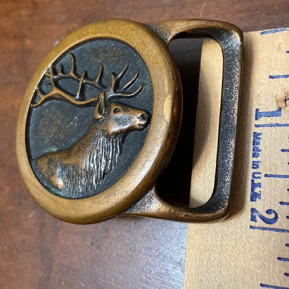 Rare Vintage 1978 Solid Brass Mens Elk Belt Buckle